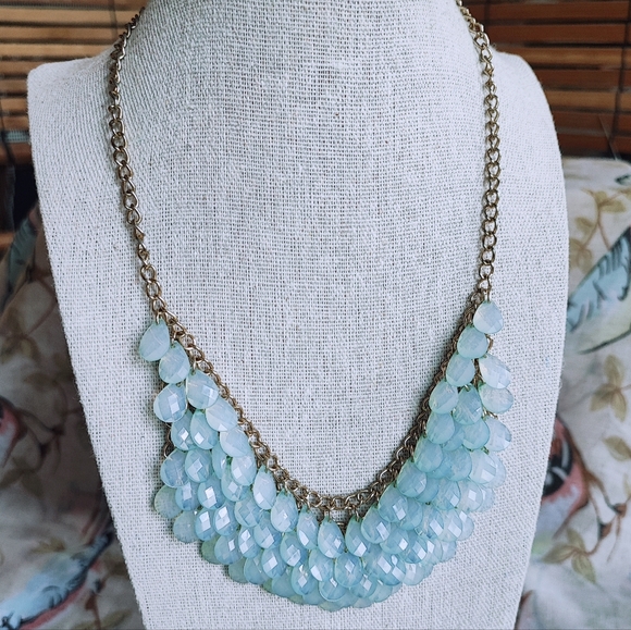 Seafoam Bluish Green Acrylic Gold Tone Teardrop Cascade Statement Necklace - Picture 2 of 6